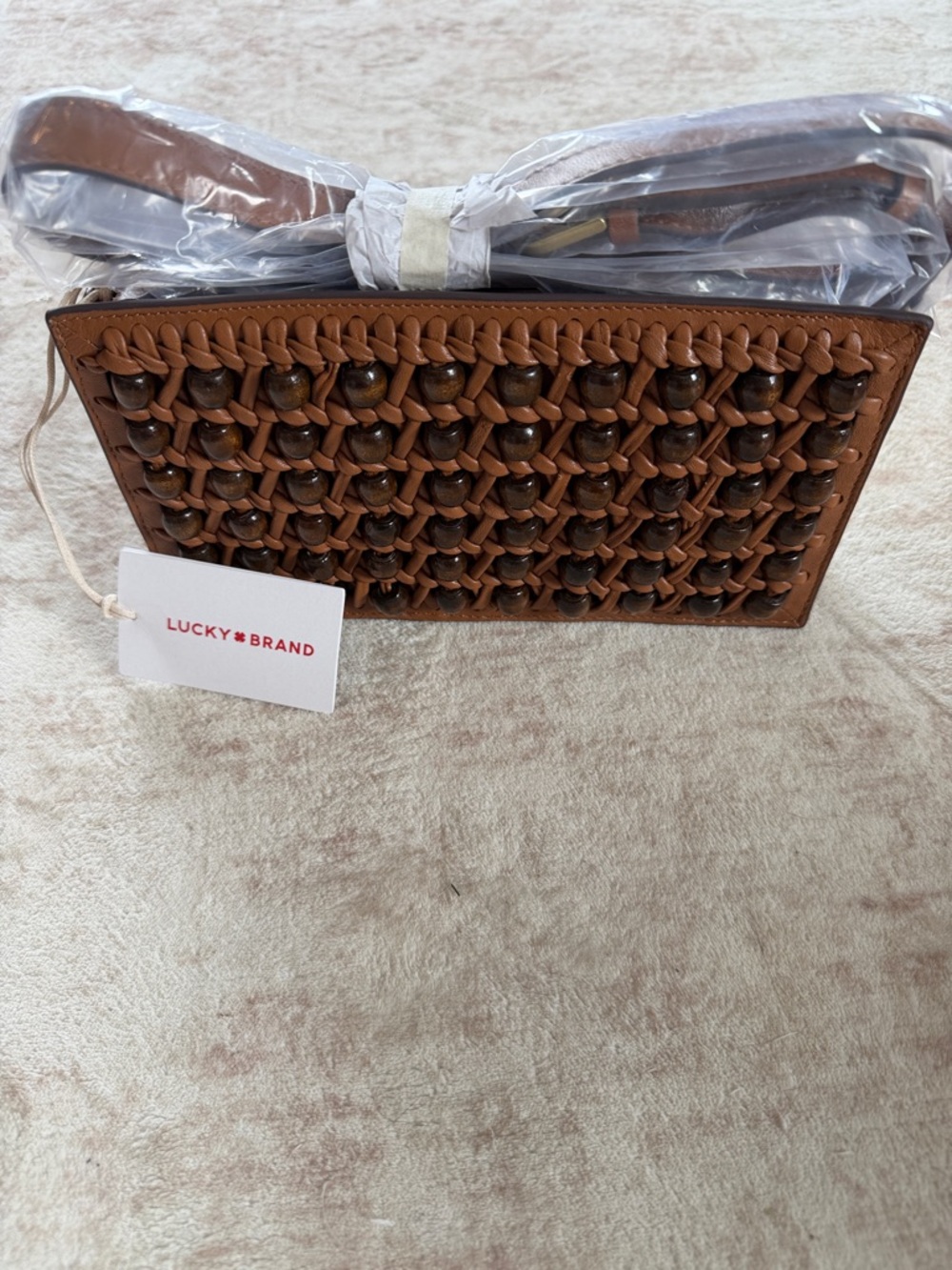 Lucky Brand Tan Woven Leather Crossbody with Wooden Beads